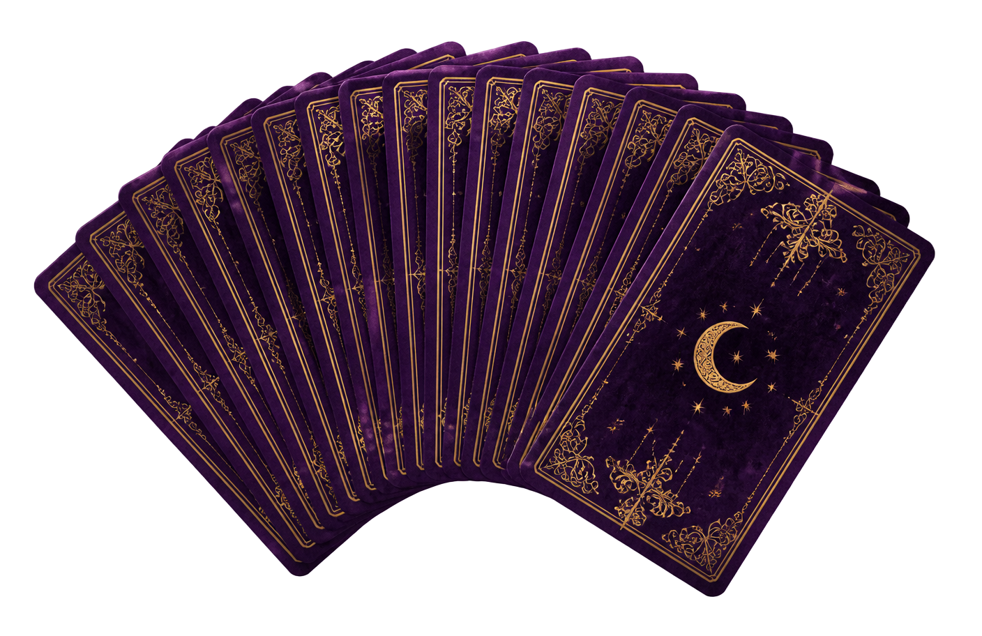 Fanned deck of purple and gold Soul Mirror Reading tarot cards